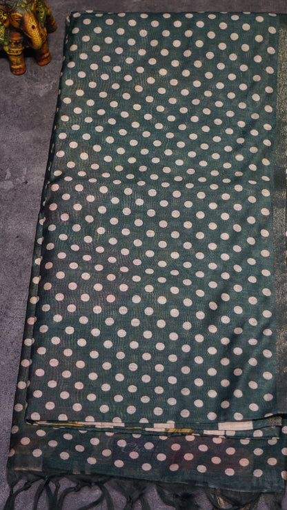 Gicha Tussar Saree Phulwari Design Bottle Green