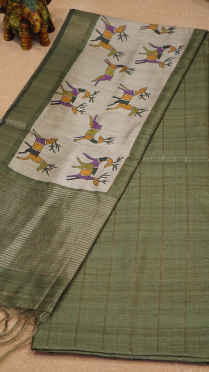 Semi Tussar Saree With Deer Border - Green
