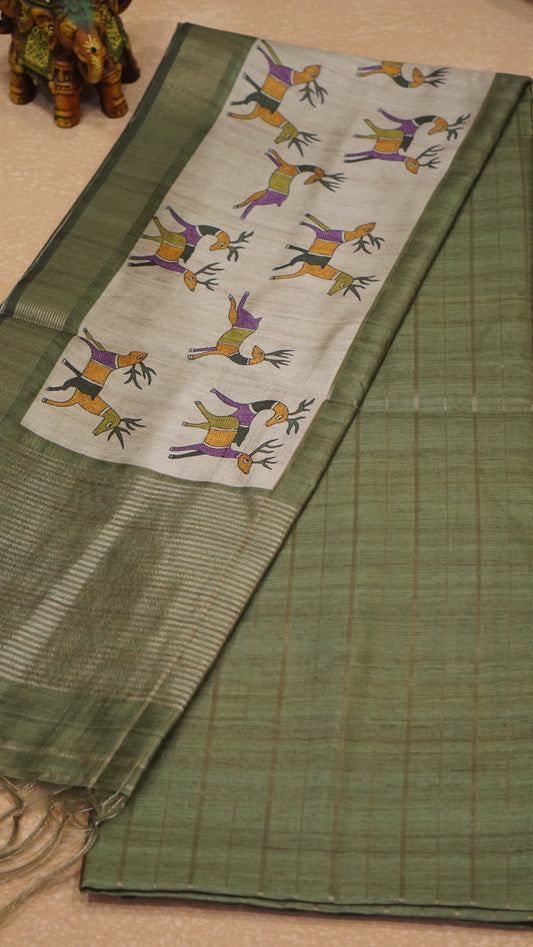 Semi Tussar Saree With Deer Border - Green