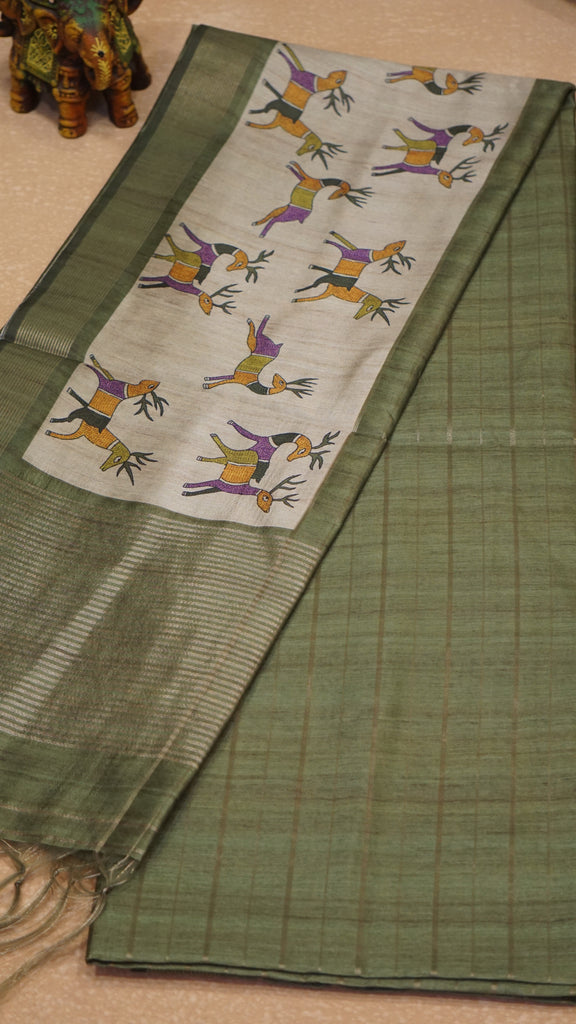 Semi Tussar Saree With Deer Border - Green