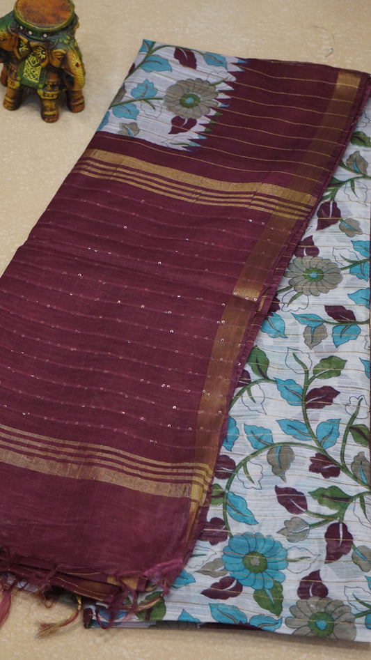 Bhagalpur Tussar Saree Kalamkari Print - Wine