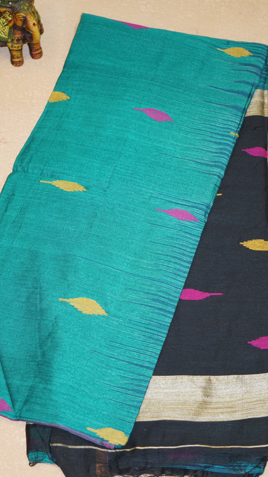 Handloom Cotton Saree - Green and Blue Blend & Black