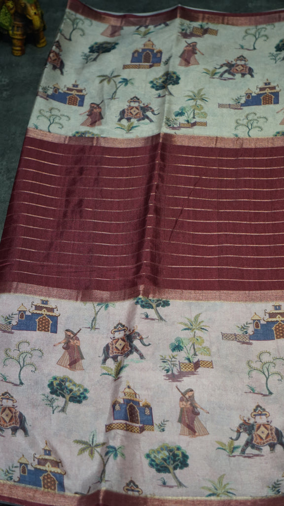Semi Printed Silk Saree - Maroon