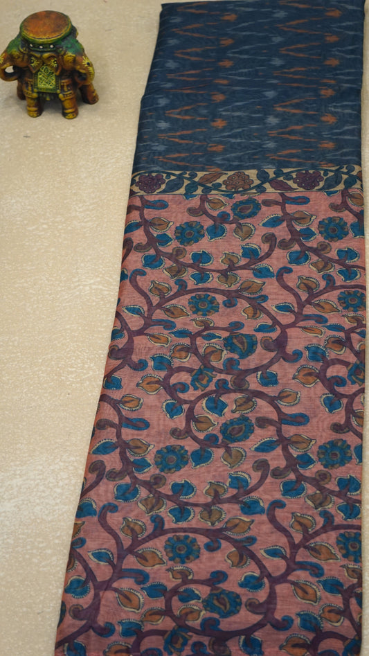 Chanderi Saree Ikkatkari Print - Onion Pink & Grey