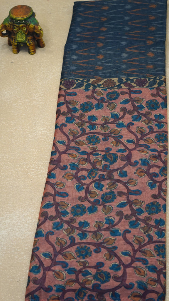 Chanderi Saree Ikkatkari Print - Onion Pink & Grey