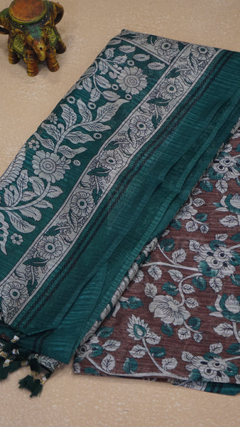 Jute Cotton Saree Kalamkari Print - Brown