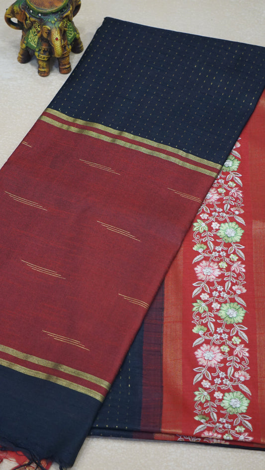 Semi Raw Silk Saree - Black With Red Floral Border