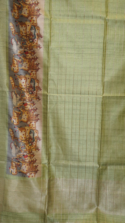 Semi Tussar Saree With Pichwai Border - Green