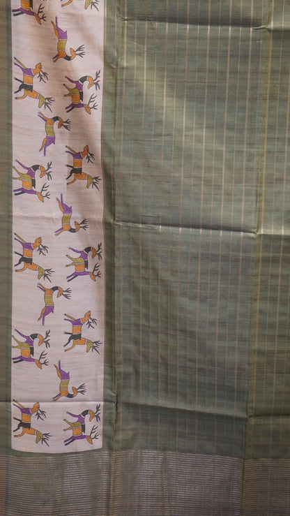Semi Tussar Saree With Deer Border - Green