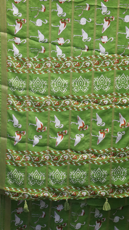 Shiffon Saree Flamingo Design - Green