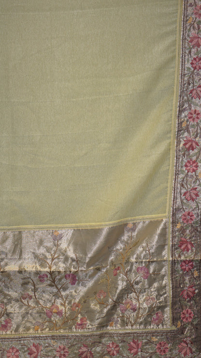 Semi Tussar Saree Crushed With Tissue Border Lime Yellow