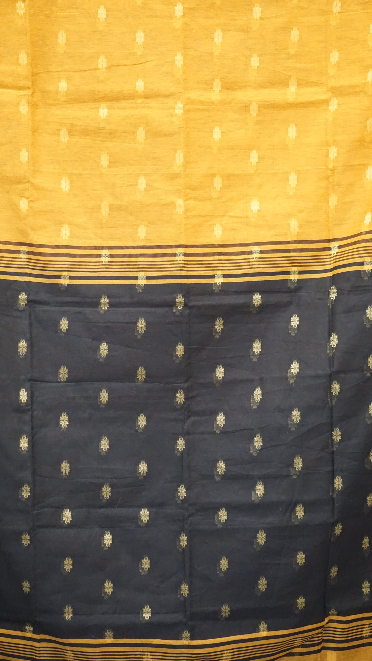 Handloom Cotton Saree Semi Maheshwari Design - Mustard With Black
