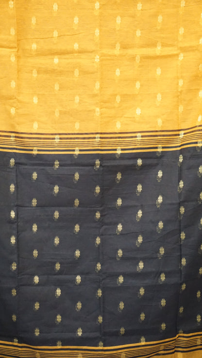 Handloom Cotton Saree Semi Maheshwari Design - Mustard With Black