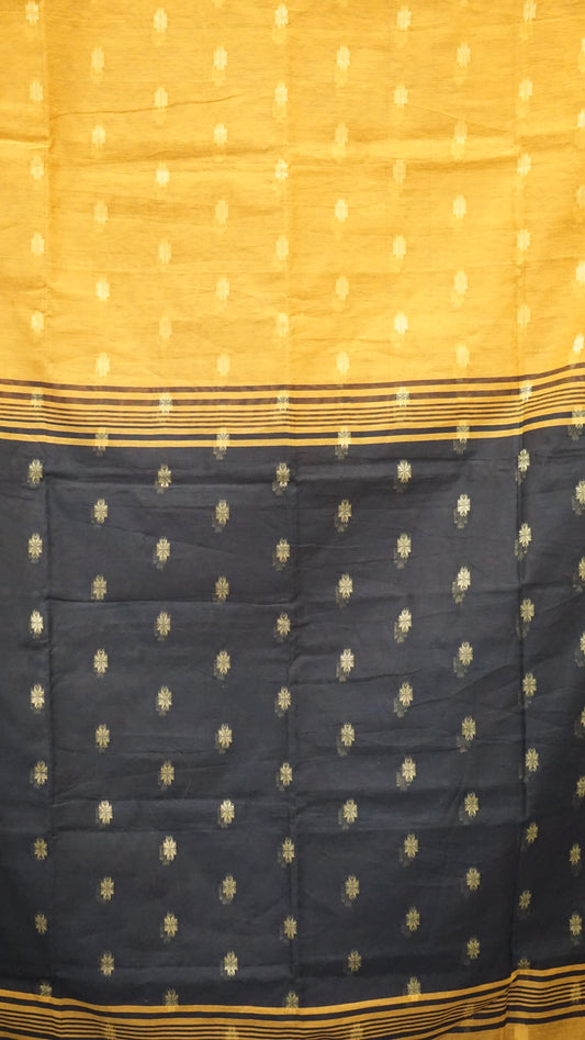 Handloom Cotton Saree Semi Maheshwari Design - Mustard With Black