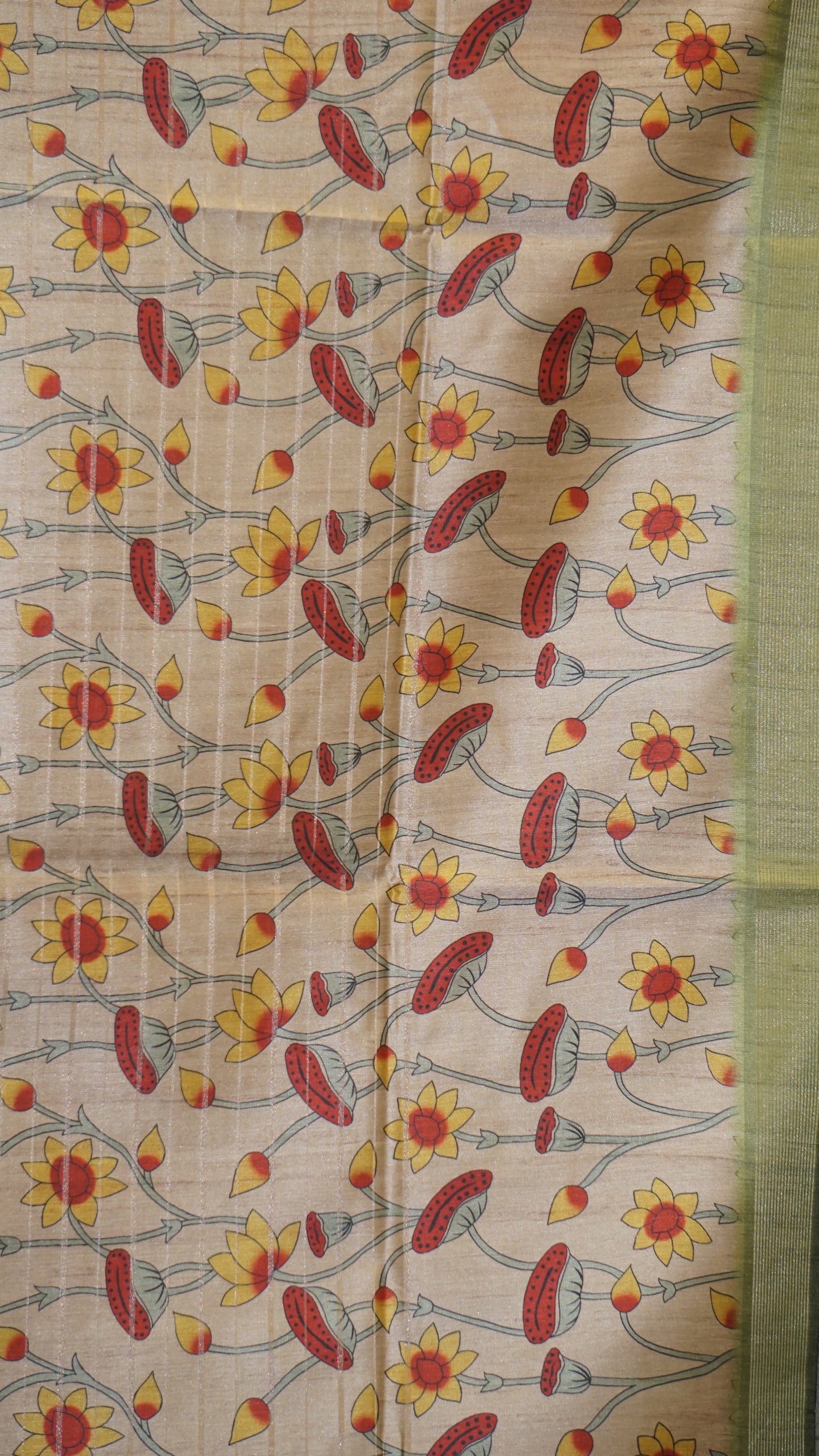 Semi Tussar Saree With Pichwai Border - Green