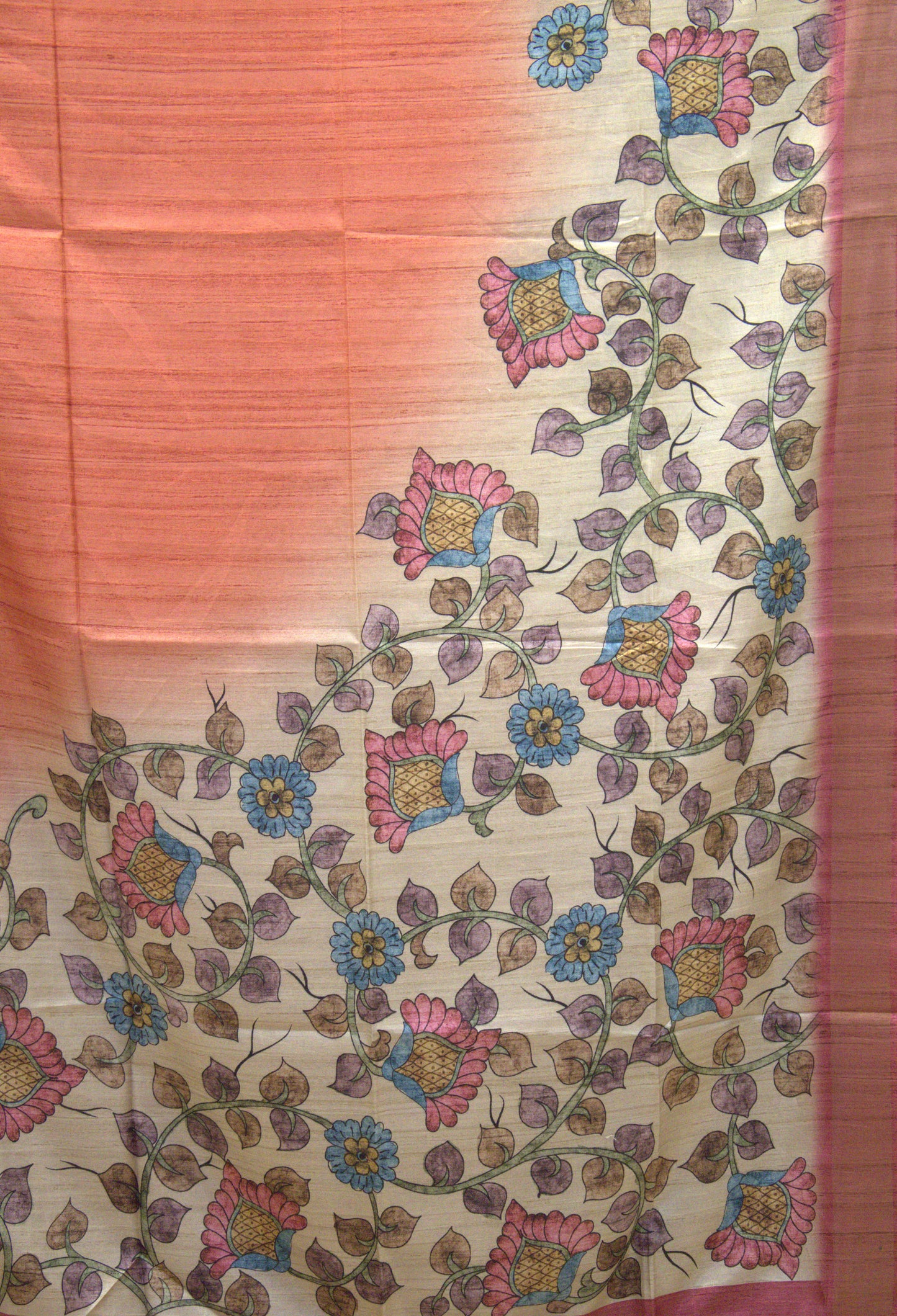 Semi Tussar Saree Kalamkari Print - Orange Pink