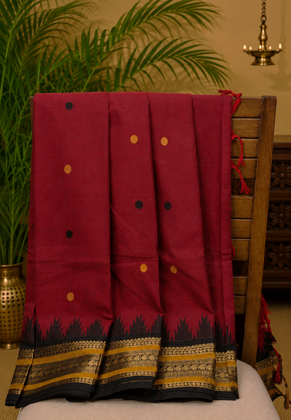 Chettinad Cotton Saree–Maroon with Temple Zari Border