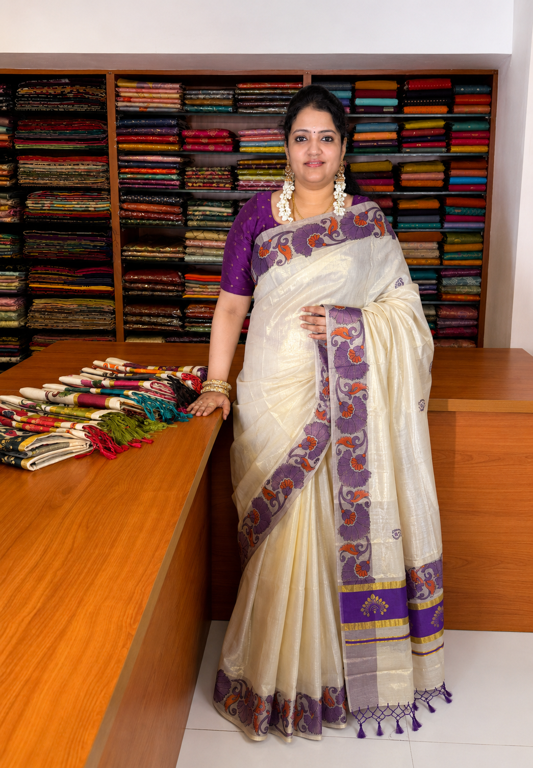 Tissue Silk Saree-Sandal with Kalamkari Border