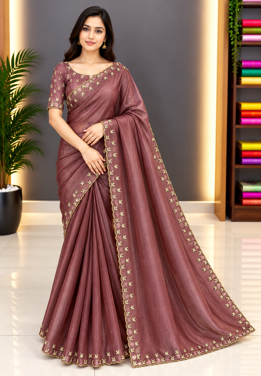Designer Saree-Dusky Rose with Mirror Work