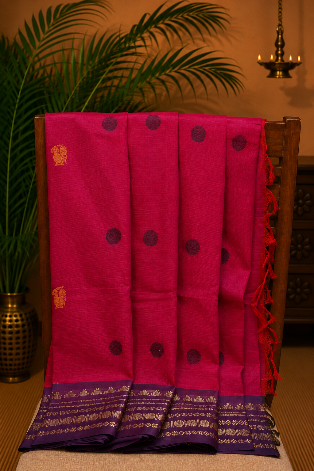 Chettinad Cotton Saree–Rani Pink with Temple Zari Border