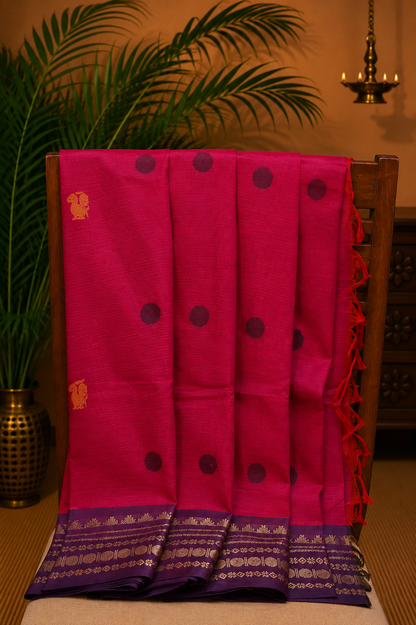 Chettinad Cotton Saree–Rani Pink with Temple Zari Border