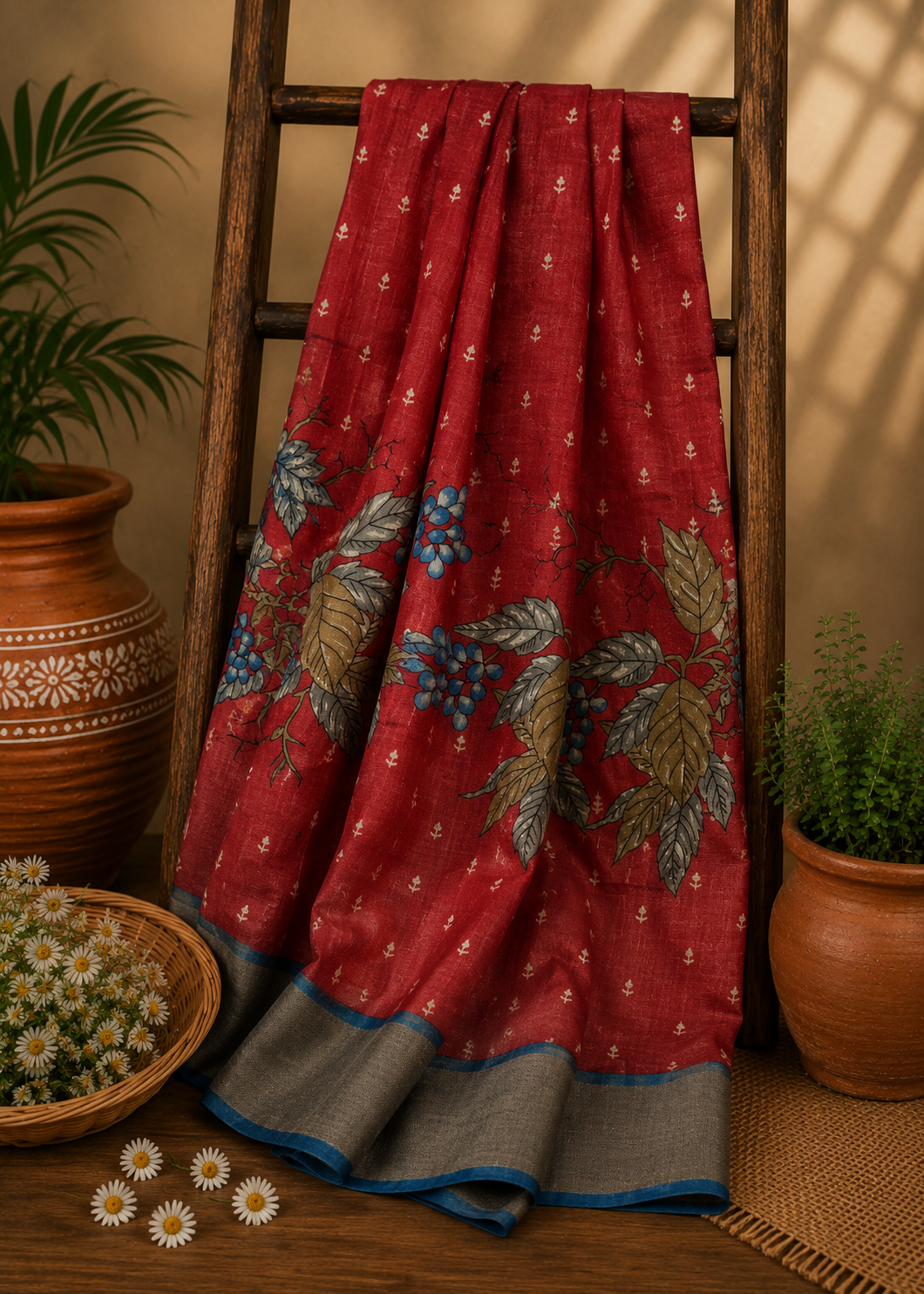 Pure Tussar Saree – Brick Red with Blue Floral Print