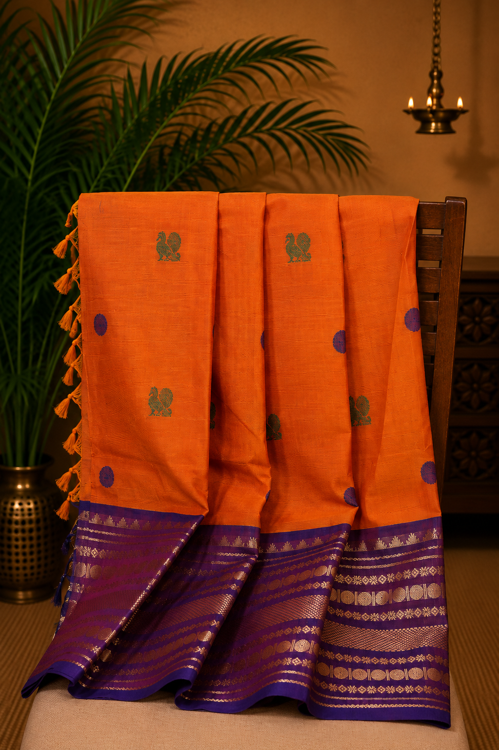 Chettinad Cotton Saree–Dark Mustard with Temple Zari Border