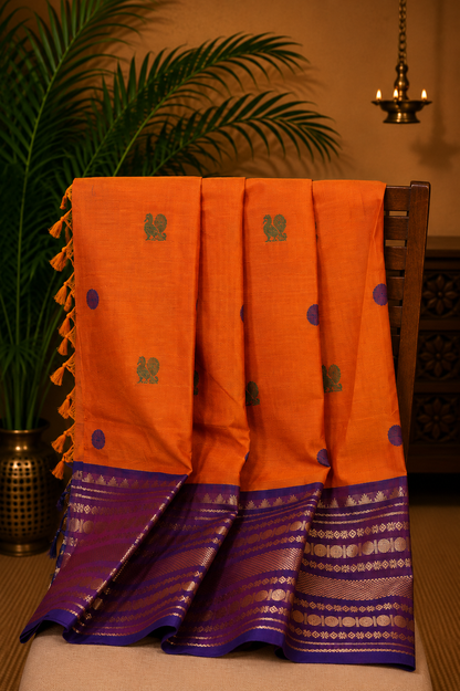 Chettinad Cotton Saree–Dark Mustard with Temple Zari Border
