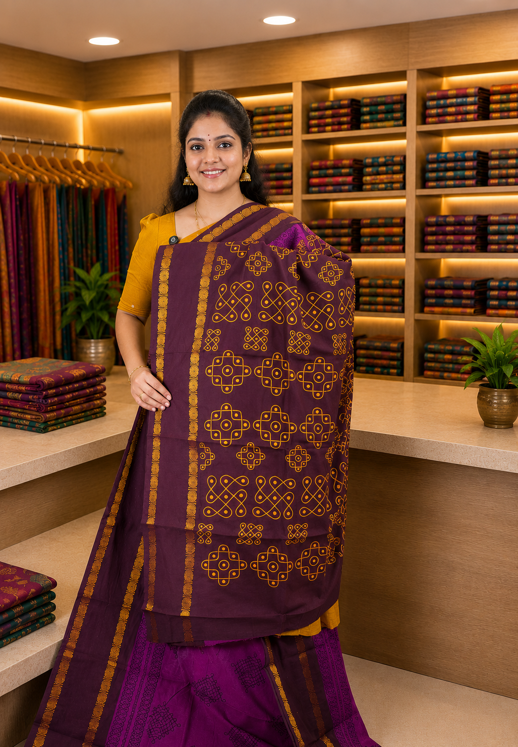 Sungudi Cotton Saree-Magenta with Contrast Retapet Border in Kolam Pattern