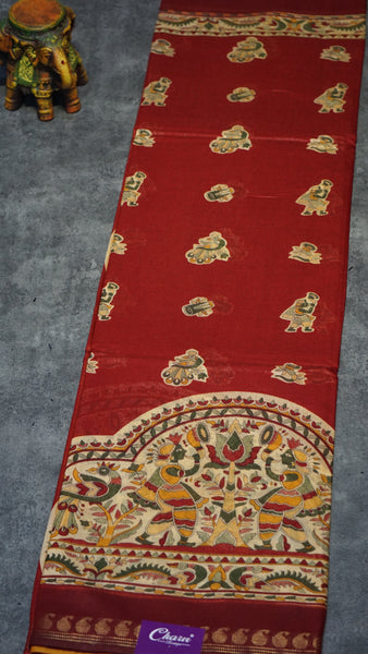 Semi Linen Kalamkari Saree Red