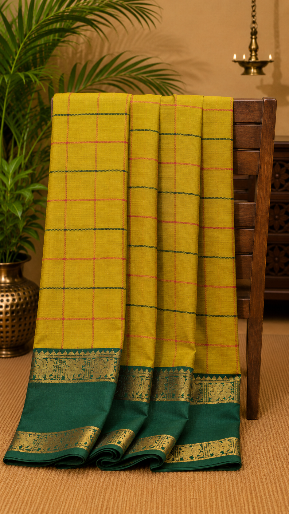 Chettinad Cotton Saree–Olive Green With Thread Checks Annapakshi Zari Border