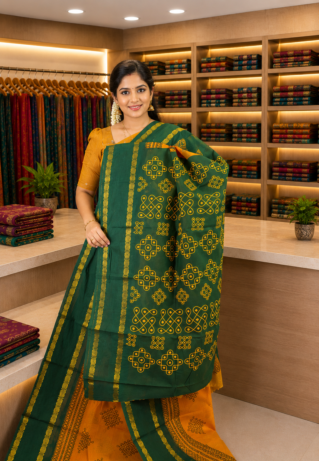 Sungudi Cotton Saree-Tumeric Yellow with Contrast Retapet Border in Kolam Pattern