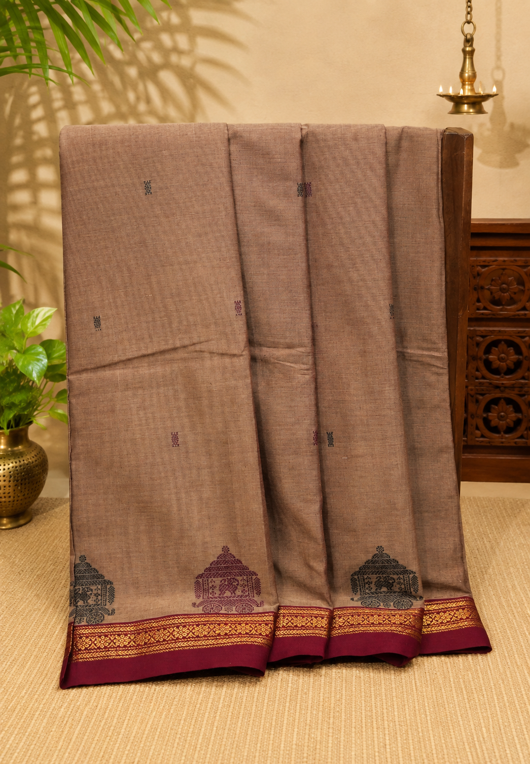 Chettinad Cotton Saree–Redish Brown with Ther Border
