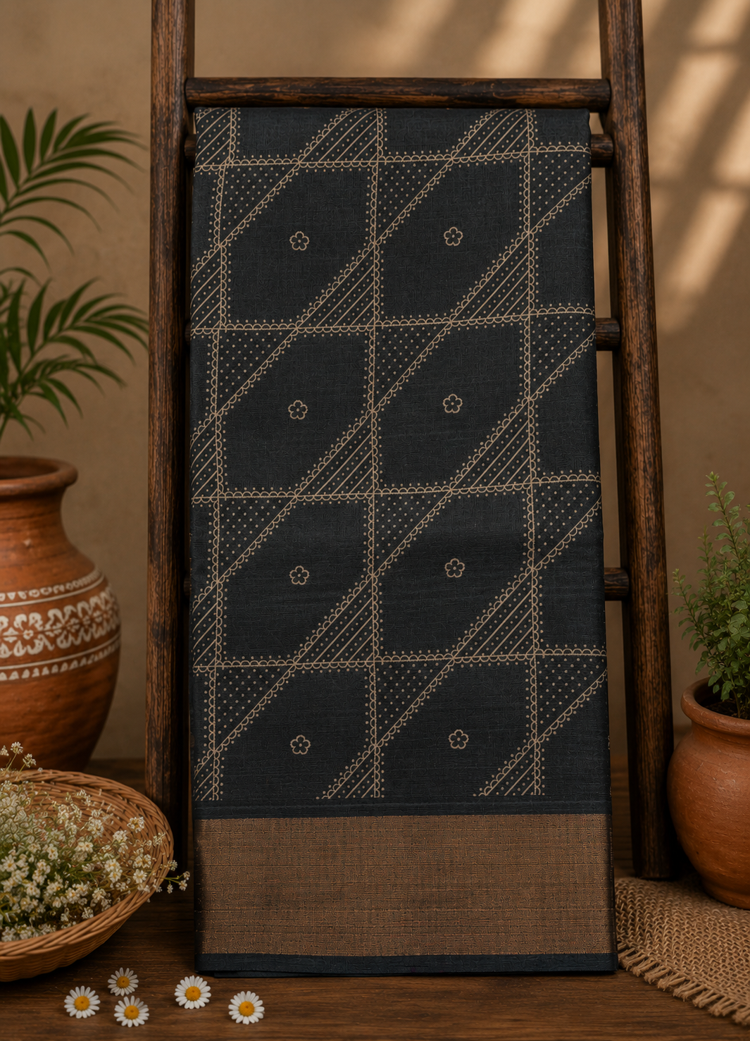 Pure Tussar Saree-Metallic Blue in Checkered Pattern
