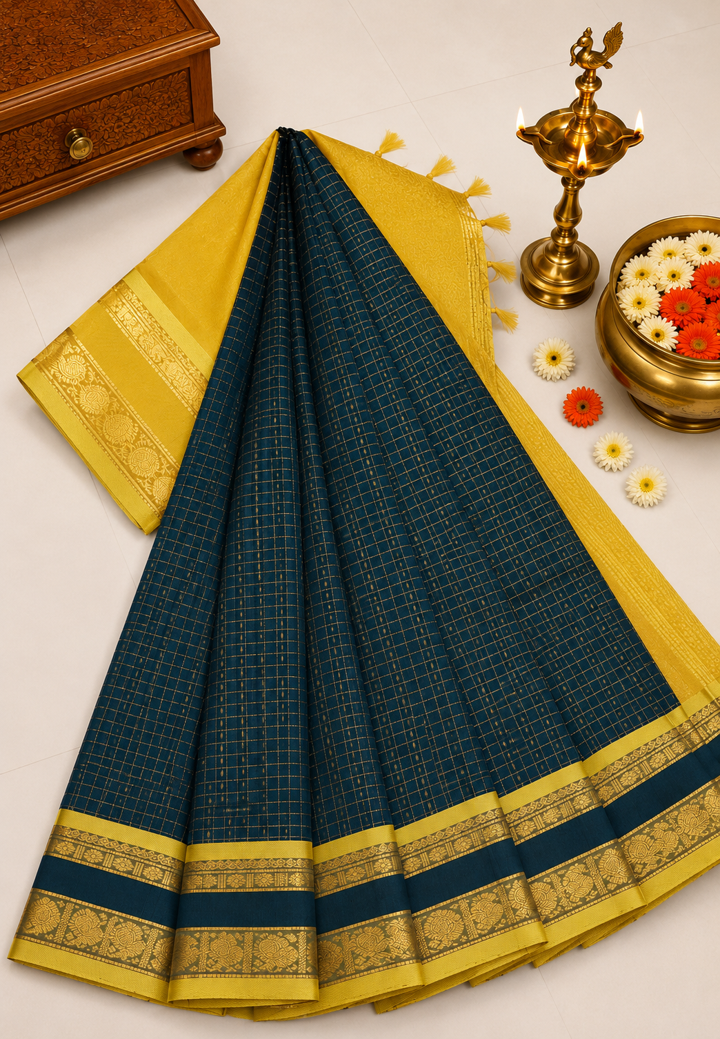 Pure Silk Cotton Saree-Peacock Blue in Zari Checks with Contrast Border