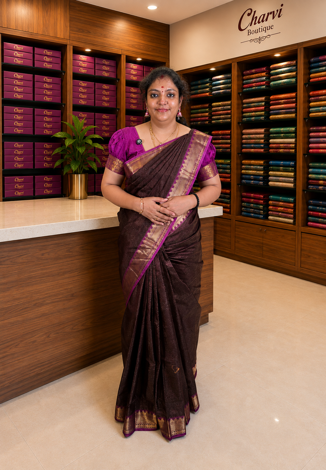 Pure Silk Cotton Saree-Brown with Contrast Border in Vairaoosi Pattern