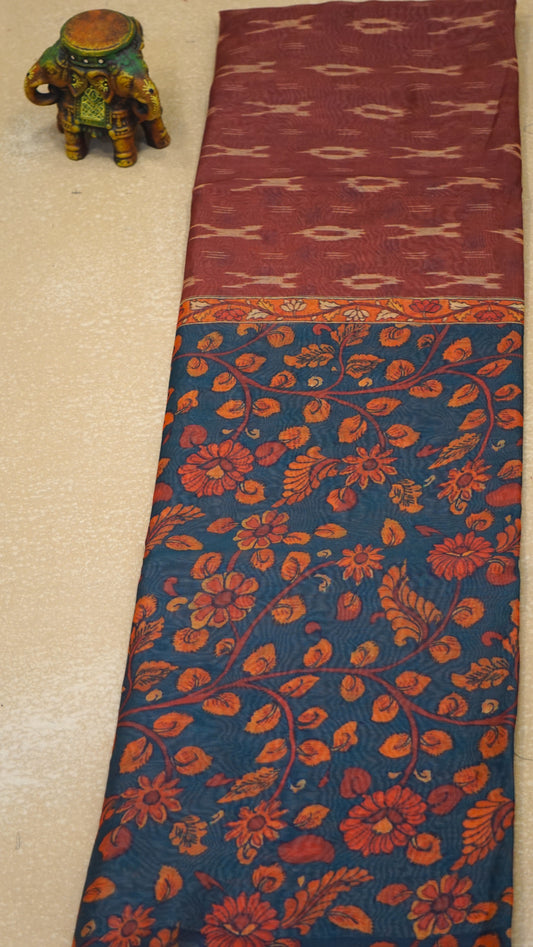 Chanderi Saree Ikkatkari Print - Maroon & Blue