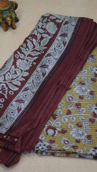 Jute Cotton Saree Kalamkari Print - Mustard