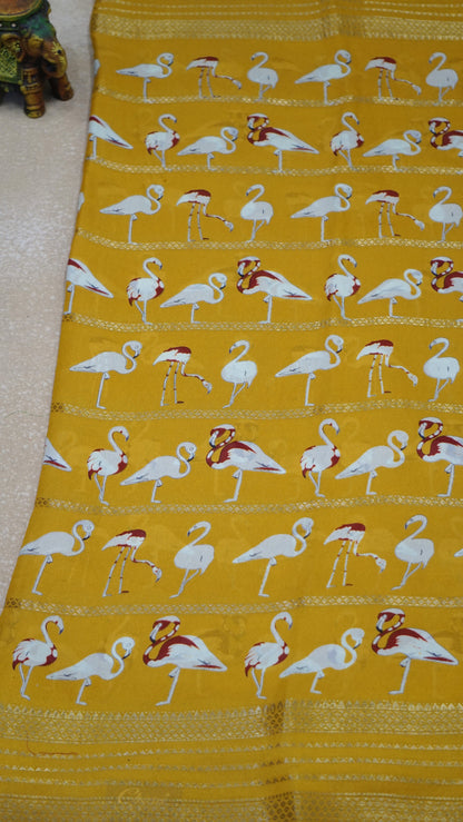 Shiffon Saree Flamingo Design - Mustard Yellow