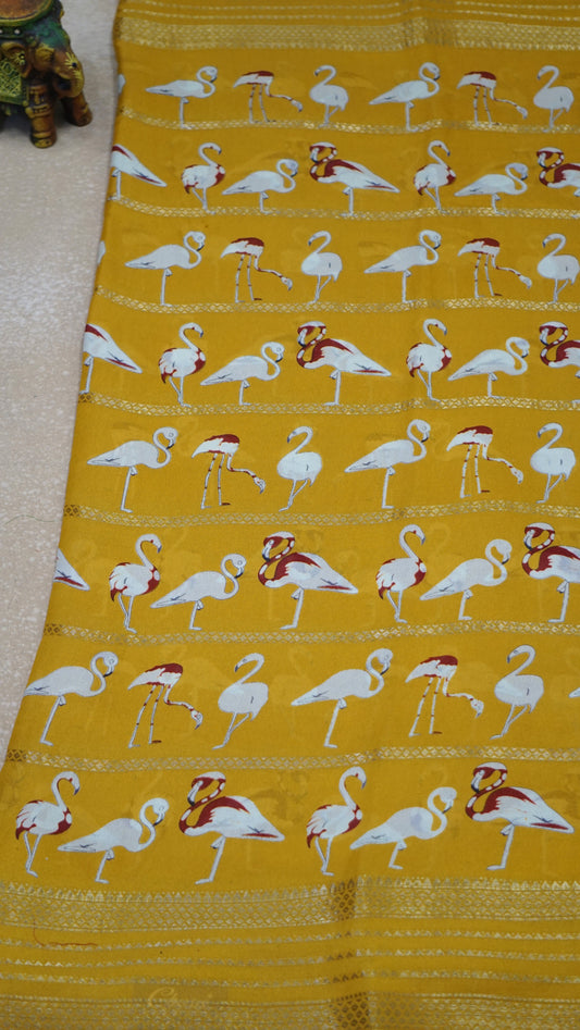 Shiffon Saree Flamingo Design - Mustard Yellow