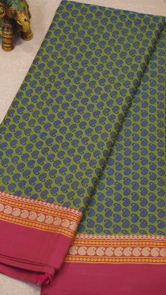 Kanchi Cotton Saree - Light Green with Pink Border