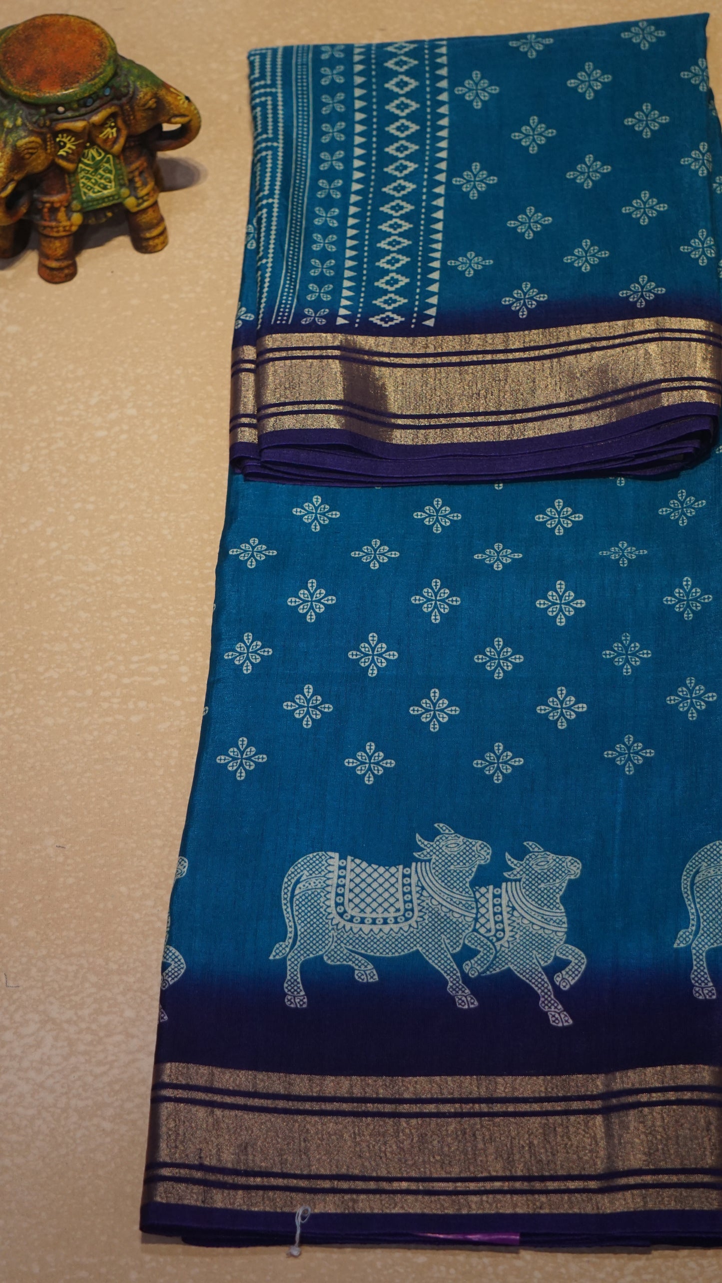 Shiffon Saree Cow Print Teal Blue - Violet