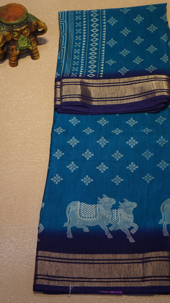 Shiffon Saree Cow Print Teal Blue - Violet