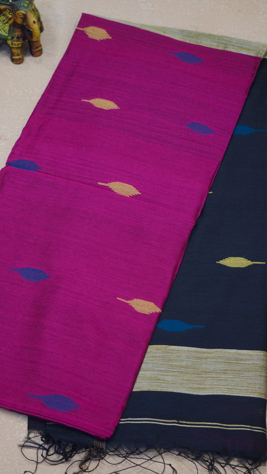 Handloom Cotton Saree - Dark Pink & Black