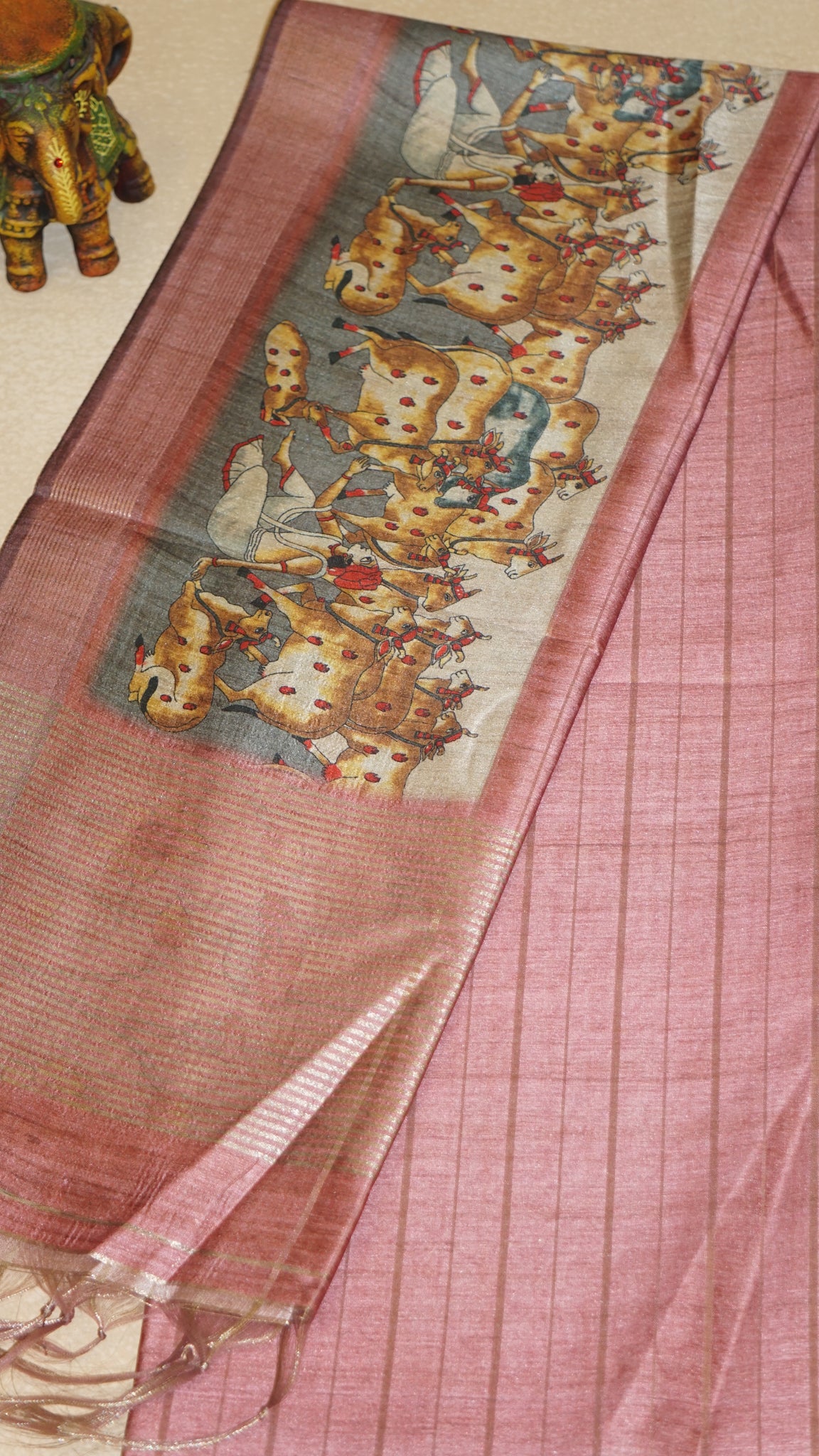 Semi Tussar Saree With Pichwai Border - Rust Red