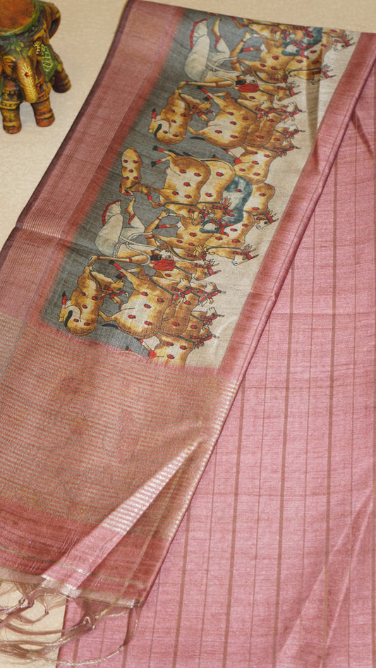 Semi Tussar Saree With Pichwai Border - Rust Red