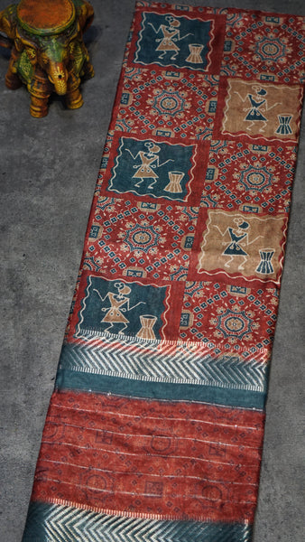 Semi Printed Silk Ajrak Print Maroon - Teal Blue