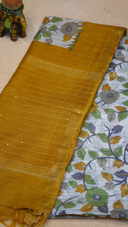 Bhagalpur Tussar Saree Kalamkari Print - Mustard Yellow