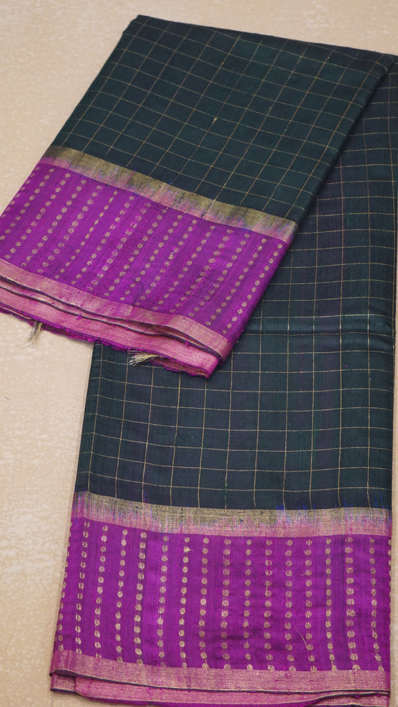 Pure Dupion Silk Saree Checks - Green with Purple Border