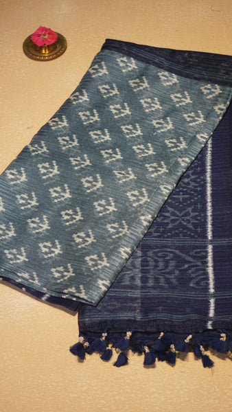 Jute Cotton Saree - Navy & Light Blue